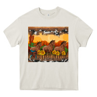 Cream western horses and  sunset with sunflowers Heavy Core Tee - Artiststas