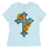 Baby Blue turquoise sunflower cross Ladies Tee - AdoDesignShop