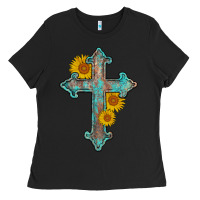Black turquoise sunflower cross Ladies Tee - AdoDesignShop