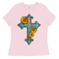 Bubblegum Pink turquoise sunflower cross Ladies Tee - AdoDesignShop