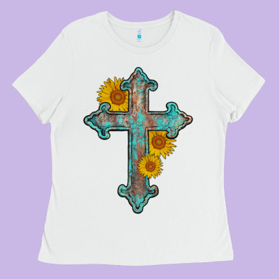 Turquoise Sunflower Cross Ladies Tee Designed By Adodesignshop