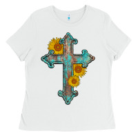 White turquoise sunflower cross Ladies Tee - AdoDesignShop