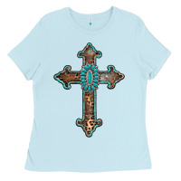 Baby Blue turquoise cross Ladies Tee - AdoDesignShop