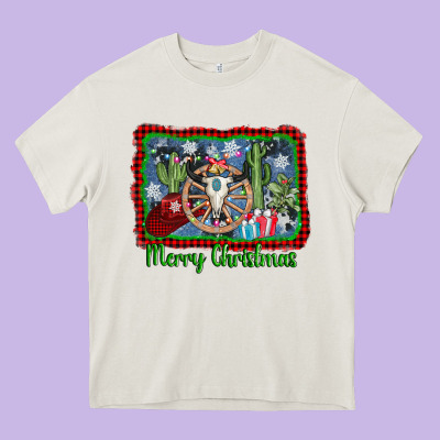 Merry Christmas Western Bull Skull Heavy Core Tee Designed By Adodesignshop