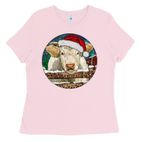 Bubblegum Pink Charolais Cow Christmas Ladies Tee - RanaPortraitStore