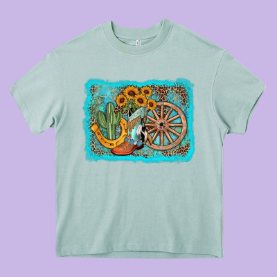 Western Wooden Wheel Cowboy Boots Heavy Core Tee Designed By Adodesignshop