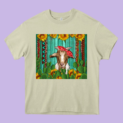 Goat With Sunflower And Cactus Heavy Core Tee Designed By Artiststas