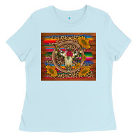 Baby Blue serape sunflowers bull skull background Ladies Tee - Artiststas