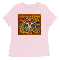Bubblegum Pink serape sunflowers bull skull background Ladies Tee - Artiststas