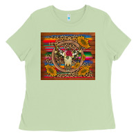 Serape Sunflowers Bull Skull Background Ladies Tee | Teevron