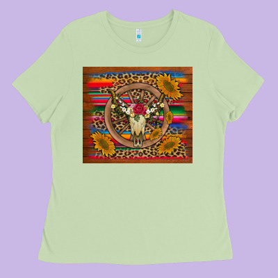 Serape Sunflowers Bull Skull Background Ladies Tee Designed By Artiststas