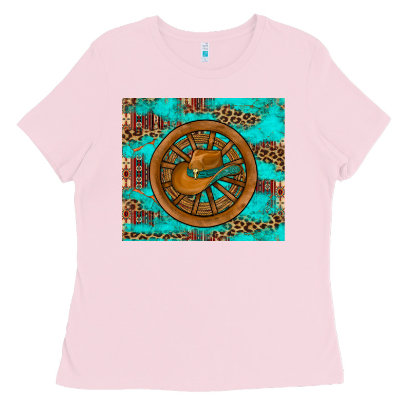 Cowboy Hat Turquoise Aztec Background Old Wheel Ladies Tee by Artiststas | Teevron