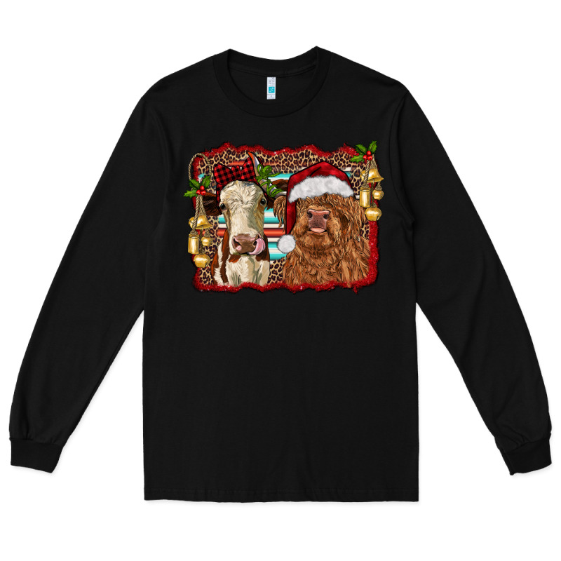 Christmas Heifer And Highland Cow With Serape Background Long Sleeve Tee by RanaPortraitStore | Teevron