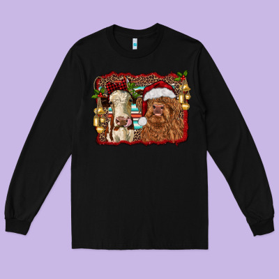 Christmas Heifer And Highland Cow With Serape Background Long Sleeve Tee Designed By Ranaportraitstore