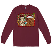 Burgundy christmas heifer and highland cow with serape background Long Sleeve Tee - RanaPortraitStore