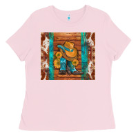 Bubblegum Pink cowboy boots turquoise aztec cowhide Ladies Tee - Artiststas