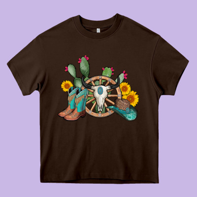 Wheel Bull Skull Western Cowboy Heavy Core Tee Designed By Adodesignshop