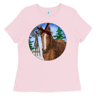 Bubblegum Pink Horse Christmas Ladies Tee - RanaPortraitStore