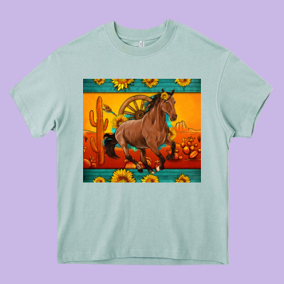 Western Sunset Galloping Horse Sunflower Heavy Core Tee Designed By Artiststas
