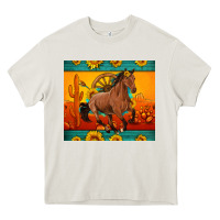 Cream western sunset galloping horse sunflower Heavy Core Tee - Artiststas