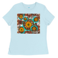 Baby Blue sunflowers and western old wheel aztec cowhide background Ladies Tee - Artiststas