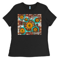 Black sunflowers and western old wheel aztec cowhide background Ladies Tee - Artiststas