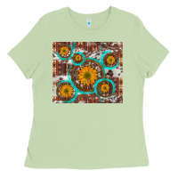 Sunflowers And Western Old Wheel Aztec Cowhide Background Ladies Tee | Teevron