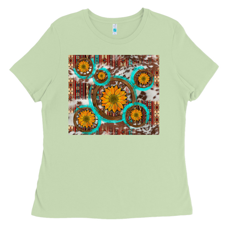 Sunflowers And Western Old Wheel Aztec Cowhide Background Ladies Tee by Artiststas | Teevron