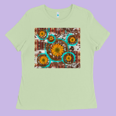 Sunflowers And Western Old Wheel Aztec Cowhide Background Ladies Tee Designed By Artiststas