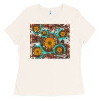 Bone sunflowers and western old wheel aztec cowhide background Ladies Tee - Artiststas