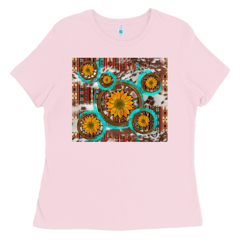 Sunflowers And Western Old Wheel Aztec Cowhide Background Ladies Tee by Artiststas | Teevron