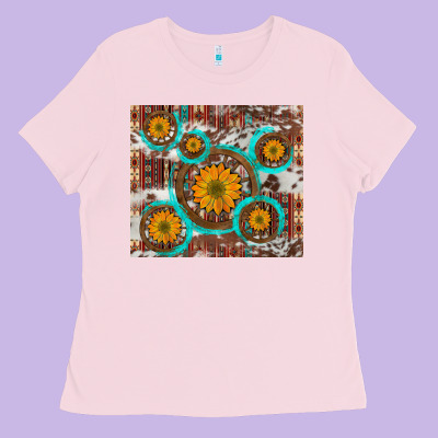 Sunflowers And Western Old Wheel Aztec Cowhide Background Ladies Tee Designed By Artiststas