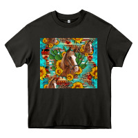 Asphalt sunflowers and cactus horses turquoise aztec leopard background Heavy Core Tee - Artiststas