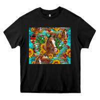 Black sunflowers and cactus horses turquoise aztec leopard background Heavy Core Tee - Artiststas