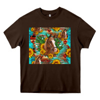 Chocolate Brown sunflowers and cactus horses turquoise aztec leopard background Heavy Core Tee - Artiststas