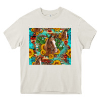 Cream sunflowers and cactus horses turquoise aztec leopard background Heavy Core Tee - Artiststas