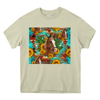 Sunflowers And Cactus Horses Turquoise Aztec Leopard Background Heavy Core Tee | Teevron