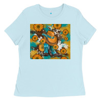 Baby Blue sunflowers and cowboy boots with cowhide and glitter tumbler Ladies Tee - Artiststas