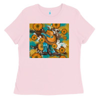 Bubblegum Pink sunflowers and cowboy boots with cowhide and glitter tumbler Ladies Tee - Artiststas