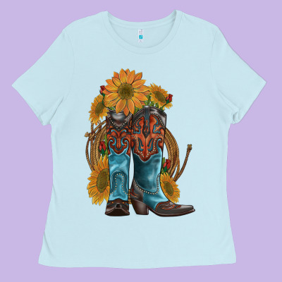 Western Boots With Sunflowers Ladies Tee Designed By Artiststas