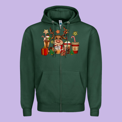 Reindeer Coffe Cups Christmas Zipper Hoodie Designed By Cowgirlartshop
