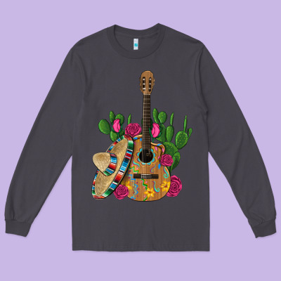 ,mexican Sombrero Guitar Rose Cactus Long Sleeve Tee Designed By Artiststas