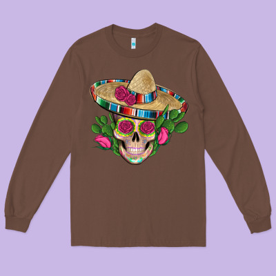 Mexican Skull Sombrero Roses Cactus Serape Long Sleeve Tee Designed By Artiststas