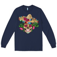 Navy mexican skull sombrero roses cactus serape Long Sleeve Tee - Artiststas