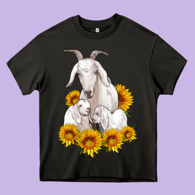 Goat Family With Sunflowers Heavy Core Tee Designed By Artiststas