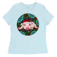 Baby Blue Baby Pig Christmas Ladies Tee - RanaPortraitStore