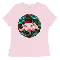 Bubblegum Pink Baby Pig Christmas Ladies Tee - RanaPortraitStore