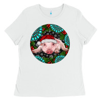 White Baby Pig Christmas Ladies Tee - RanaPortraitStore