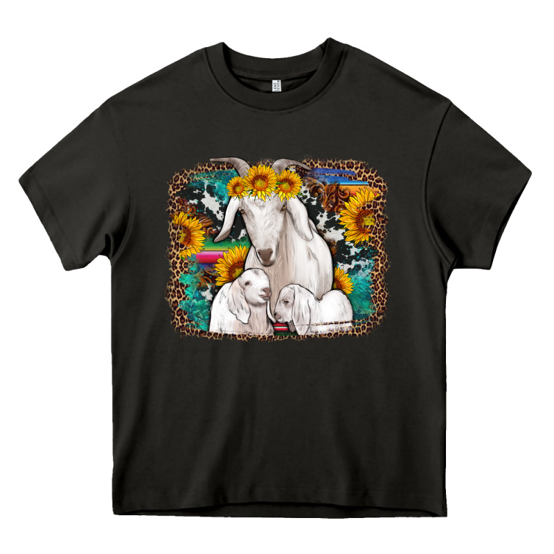 Goat Family With Sunflowers Western Serape Turquoise Background Heavy Core Tee by Artiststas | Teevron
