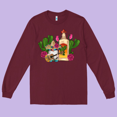 Mexican Tequila Gnomes Guitar Roses Cactus Serape Long Sleeve Tee Designed By Artiststas